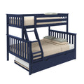 Navy blue wooden bunk bed with ladder, safety rails, beige bedding and pull-out trundle drawer, space-saving kids bedroom furniture