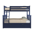 Navy blue solid wood twin-over-full bunk bed with ladder, safety guardrails and under-bed storage drawers, beige bedding and green-check pillows