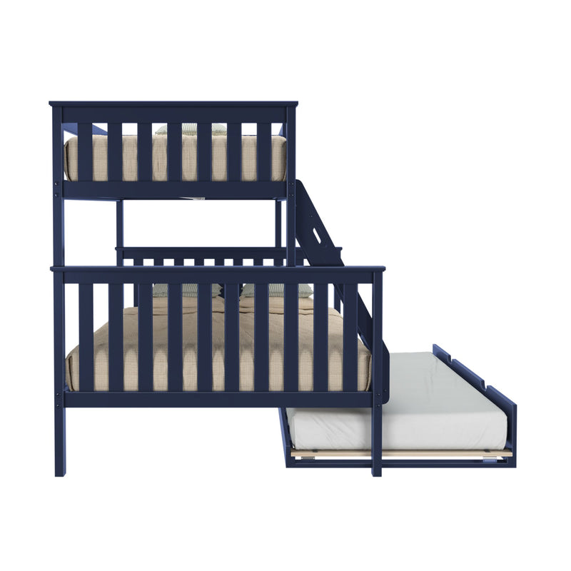 Side view of navy blue wooden twin-over-twin bunk bed with ladder and pull-out trundle, beige bedding on white background