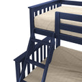 Close-up of navy blue wooden bunk bed ladder and safety rail with beige waffle-weave mattress cover