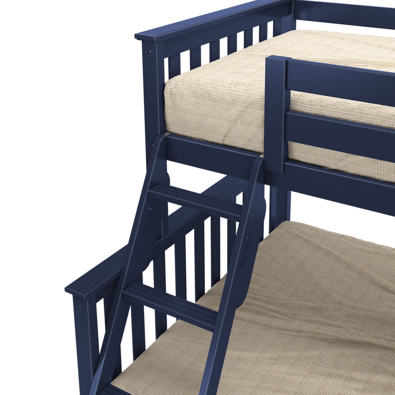 Close-up of navy blue wooden bunk bed ladder and safety rail with beige waffle-weave mattress cover