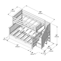 Isometric assembly diagram of a twin-over-full bunk bed with side stairs, built-in storage drawers and guardrails, labeled measurements in inches and centimeters (100″ x 75″ x 65″ / 255cm x 190cm x 165cm) — space-saving kids bedroom bunk bed