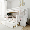White modern wooden bunk bed with staircase storage and pull-out trundle drawer in bright kids' bedroom with pink bedding and framed animal wall art