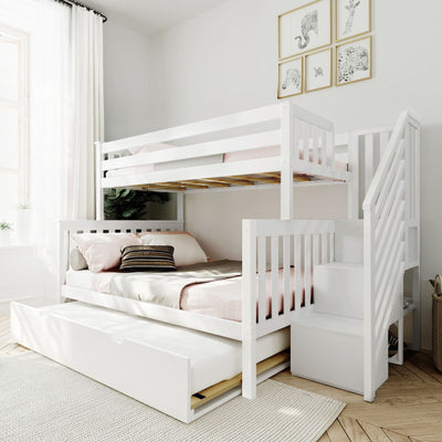 White bunk bed with stairs and pull-out trundle in a bright modern children's bedroom with pink bedding, framed animal wall art, and indoor plant