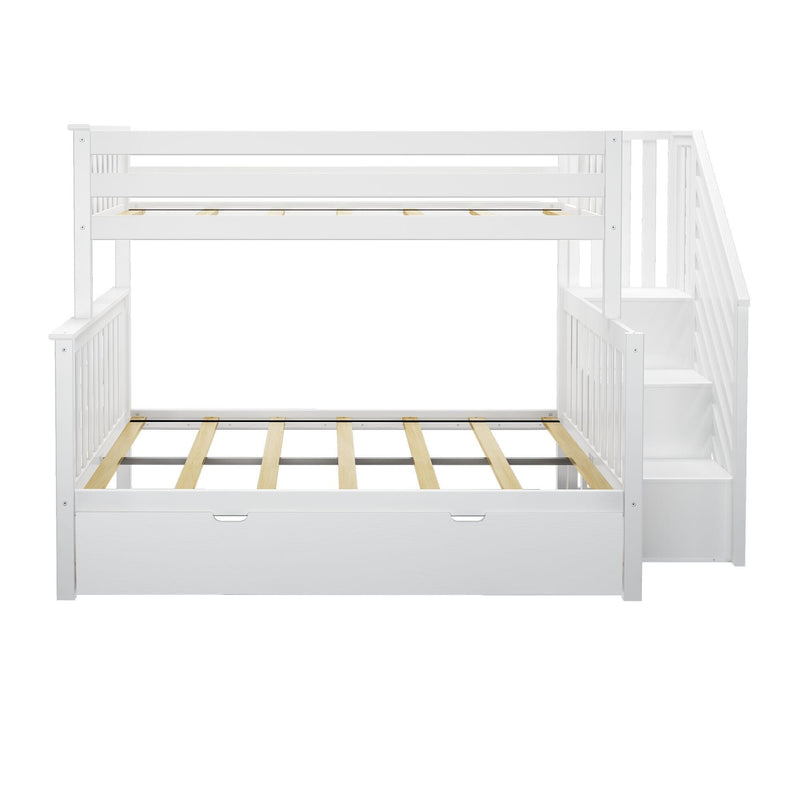 White wooden twin over full bunk bed with storage stairs and under-bed drawers.