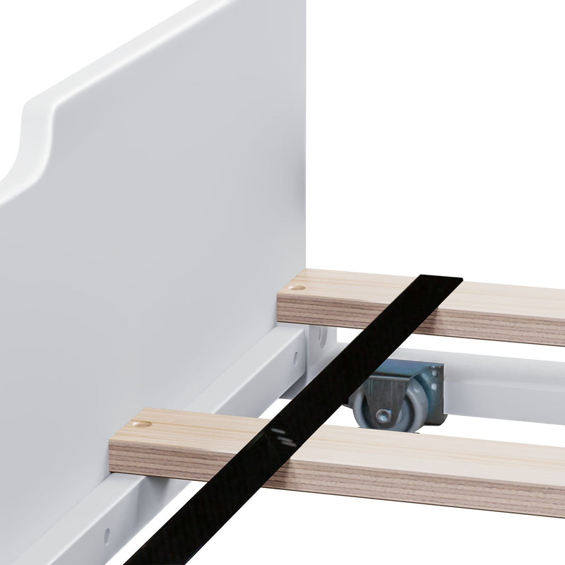 Detailed close-up of bed frame assembly with wooden slats and caster wheel mechanism for sturdy support.