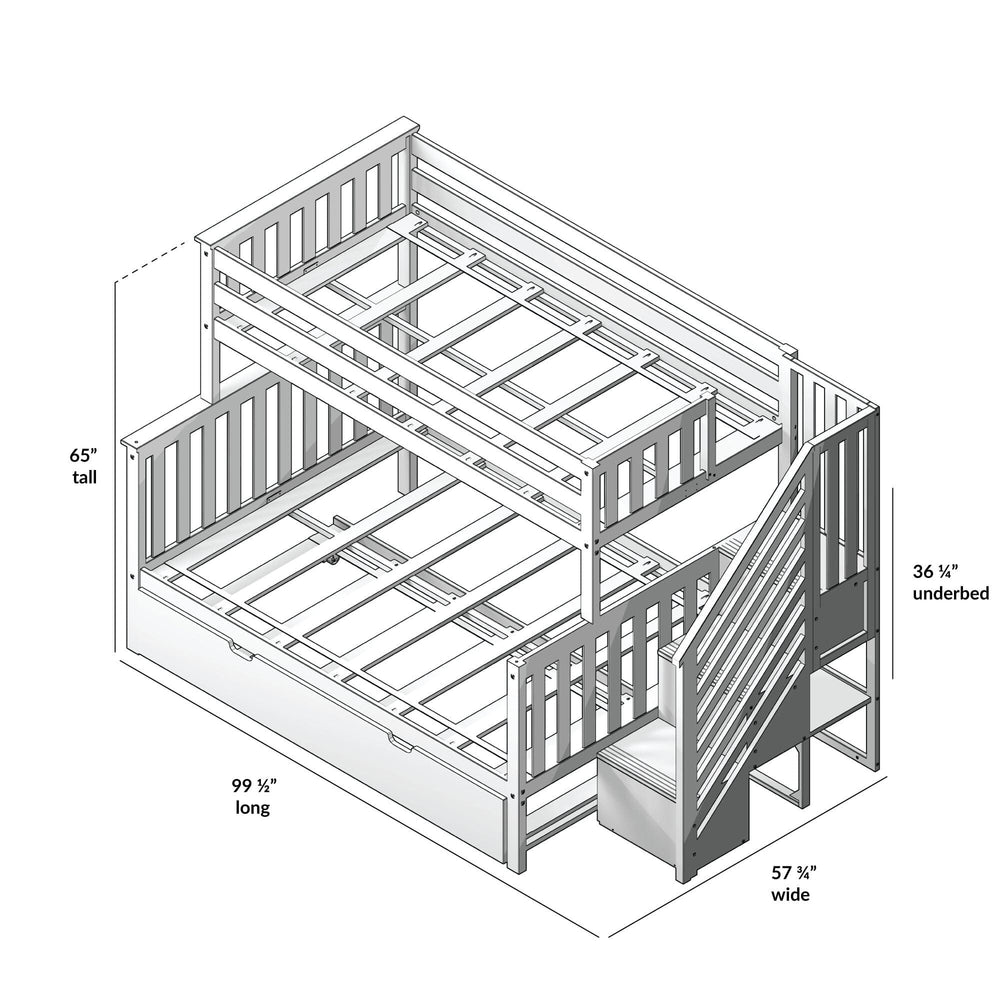 Drawing of a white wooden staircase bunk bed with dimensions: 65 inches tall, 99.5 inches long, 57.75 inches wide, and 36.25 inches under bed.