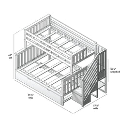 Drawing of a white wooden staircase bunk bed with dimensions: 65 inches tall, 99.5 inches long, 57.75 inches wide, and 36.25 inches under bed.