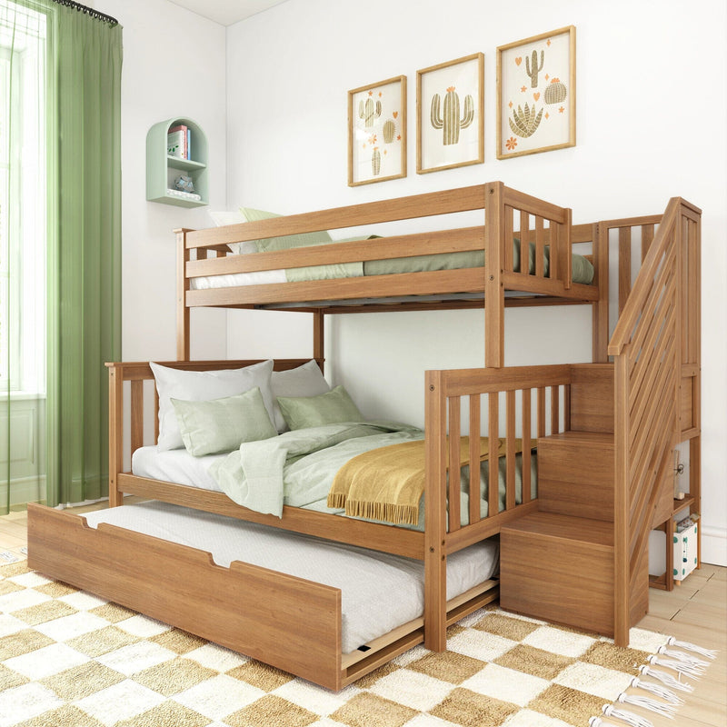 Wooden bunk bed with green bedding, cactus-themed decor, and built-in storage staircase in a bright and cozy kids' room.