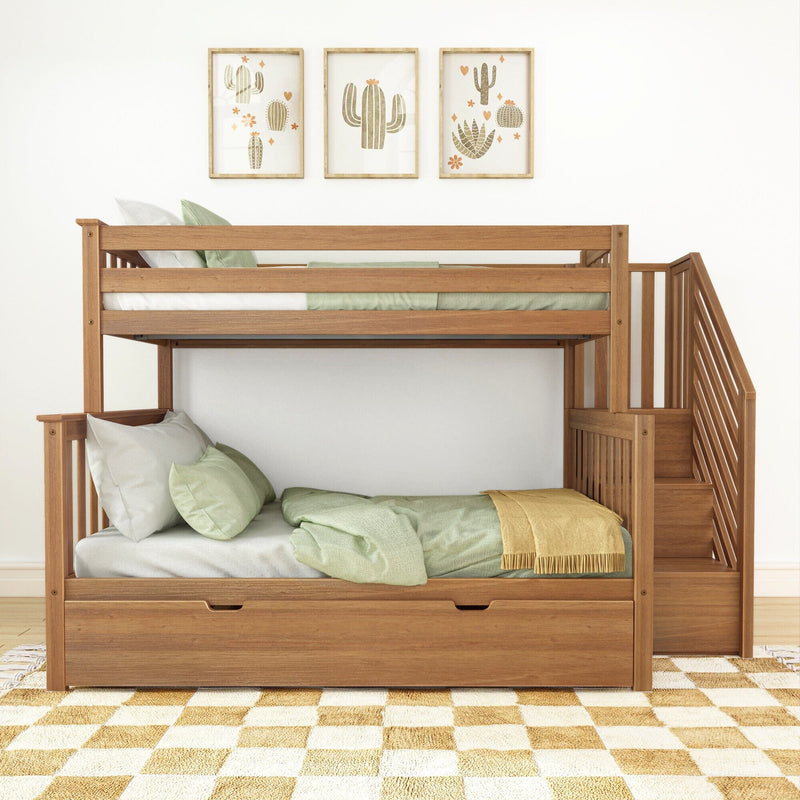 Wooden bunk bed with stairs and under-bed drawer, green bedding and pillows, cactus print wall art above, cozy kids' bedroom setup