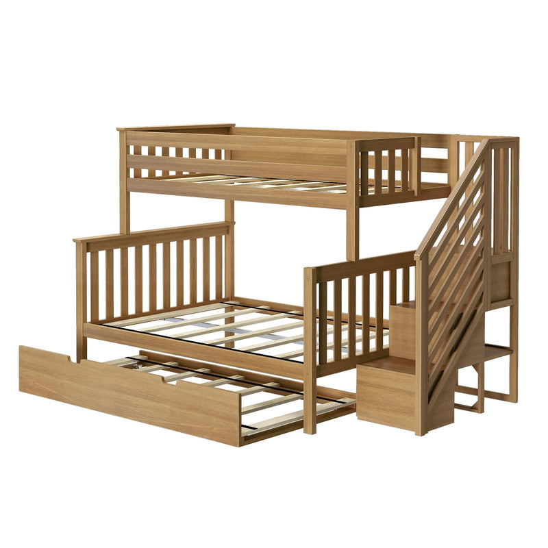 Natural oak-finish loft bunk bed with staircase, slatted guardrails and headboards, solid wood frame and under-bed pull-out trundle drawer