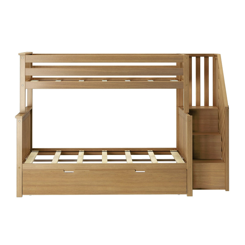 Wooden bunk bed with integrated staircase and storage drawers, perfect for kids' bedroom space-saving furniture solutions.