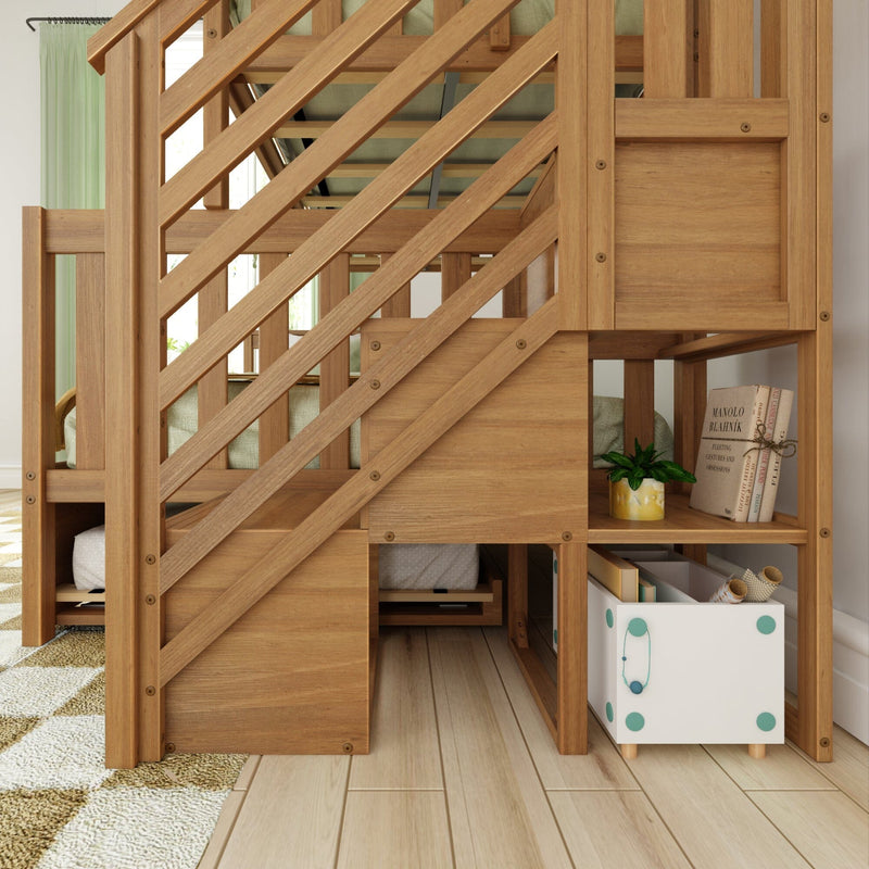 Wooden loft bed with built-in storage shelves and a pull-out drawer in a cozy room with natural light.