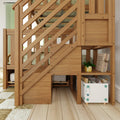 Oak wood loft bed with diagonal staircase and built-in storage cubbies — children's bunk bed with shelves, plant and toy box