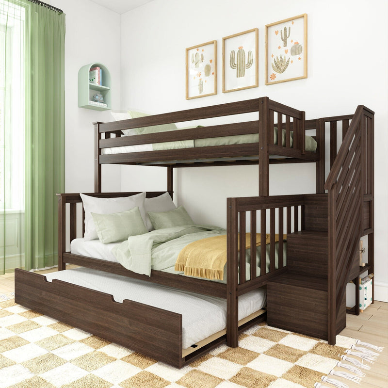 Dark wood bunk bed with pull-out trundle and built-in staircase in a modern kids' bedroom with green bedding, sheer curtains and cactus wall art