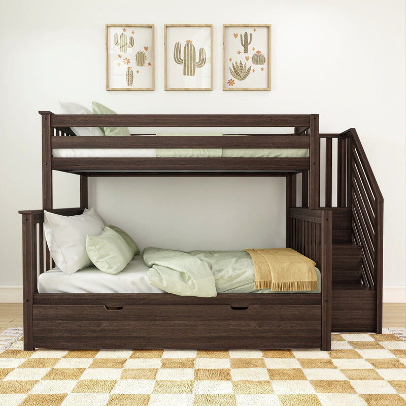 Dark wood bunk bed with staircase in kids' bedroom, sage bedding, yellow throw, cactus wall art, beige checkered rug