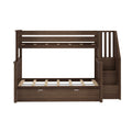 Solid wood twin loft bed frame with built-in staircase storage, slatted mattress support and under-bed pull-out drawer in dark walnut finish
