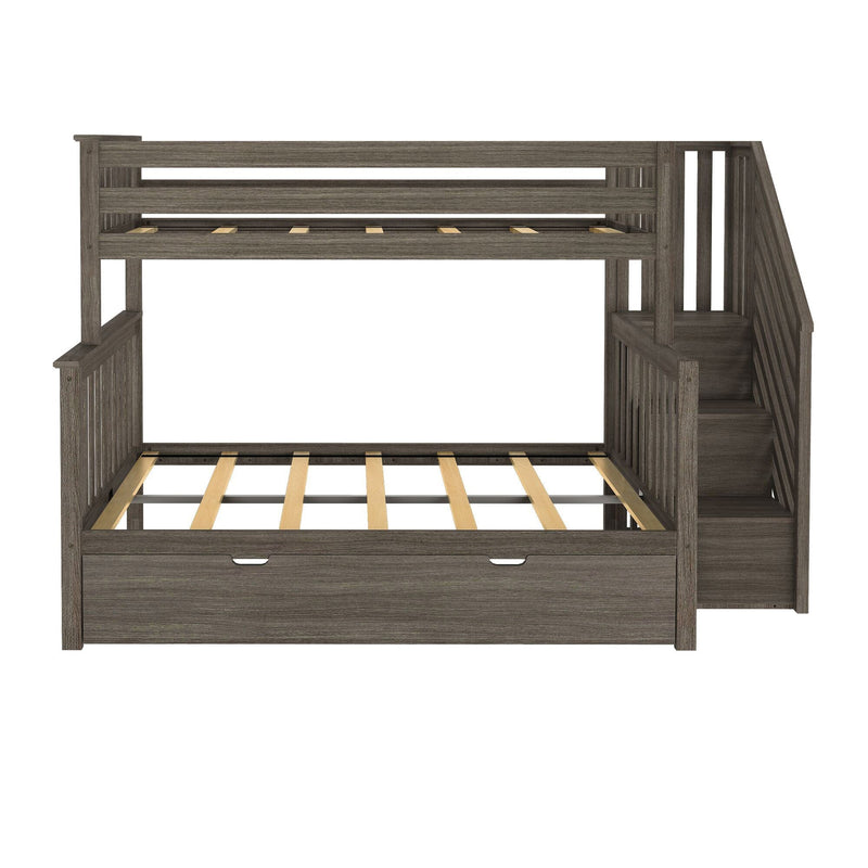Gray wood loft bed frame with built-in staircase, slatted mattress platform, safety guardrails and under-bed storage drawer — space-saving kids' bunk bed