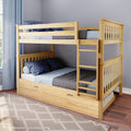 Light natural wood kids' bunk bed with built-in ladder and pull-out trundle, styled with gray bedding and navy star pillows