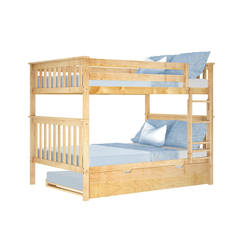 Natural wood finish bunk bed with blue bedding and built-in drawers for storage.