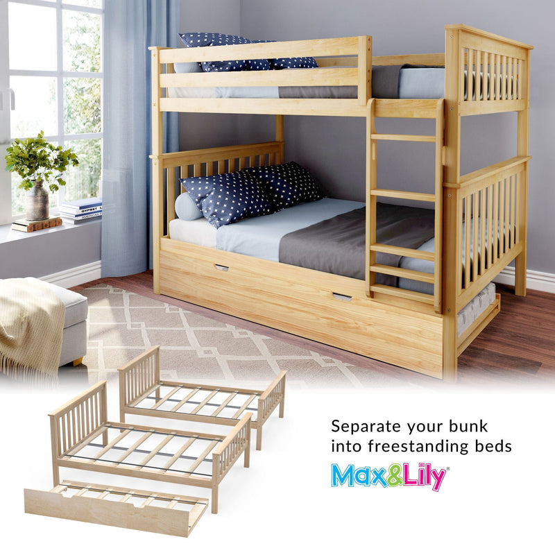 Wooden bunk bed with blue polka dot bedding, featuring an option to convert into freestanding beds by Max & Lily.