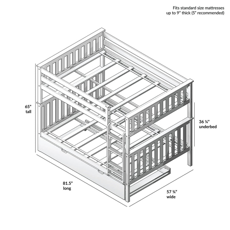 Diagram of a wooden bunk bed with dimensions, showing 81.5 inches long, 57.75 inches wide, and 65 inches tall, designed for standard size mattresses up to 9 inches thick.