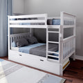 White wooden bunk bed with ladder and pull-out trundle, blue and gray bedding in modern kids' bedroom on hardwood floor — space-saving twin-over-full design