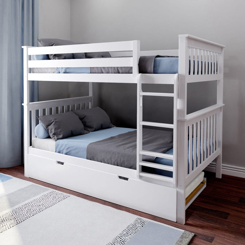 White wooden bunk bed with ladder and pull-out trundle, blue and gray bedding in modern kids' bedroom on hardwood floor — space-saving twin-over-full design