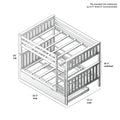 Twin-over-full slatted bunk bed with underbed trundle drawer and ladder, fits standard mattresses up to 9" thick; dimensions 81.5" L × 57.75" W × 65" H