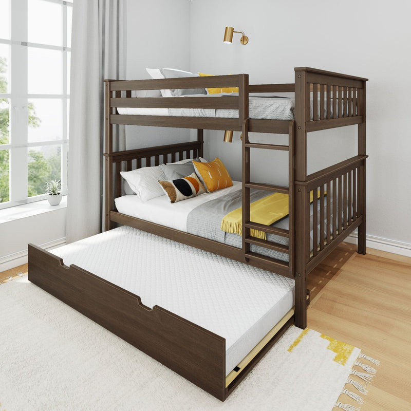 Dark walnut wooden bunk bed with ladder and pull-out trundle, gray knit bedding and yellow accent pillows in a bright modern kids' bedroom by a large window