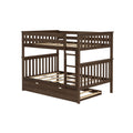 Dark brown wooden twin-over-full bunk bed with ladder, slatted headboards and safety guardrails, underbed trundle drawer