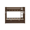 Dark brown wooden bunk bed frame with ladder, slatted mattress supports and under-bed storage drawer, modern rustic kids' bedroom furniture