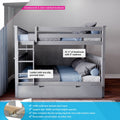 Gray twin-over-twin bunk bed with ladder, safety guard rails, non-slip grooved steps, under-bed storage drawer and blue bedding, solid New Zealand pine frame