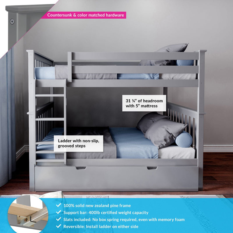 Gray twin-over-twin bunk bed with ladder, safety guard rails, non-slip grooved steps, under-bed storage drawer and blue bedding, solid New Zealand pine frame