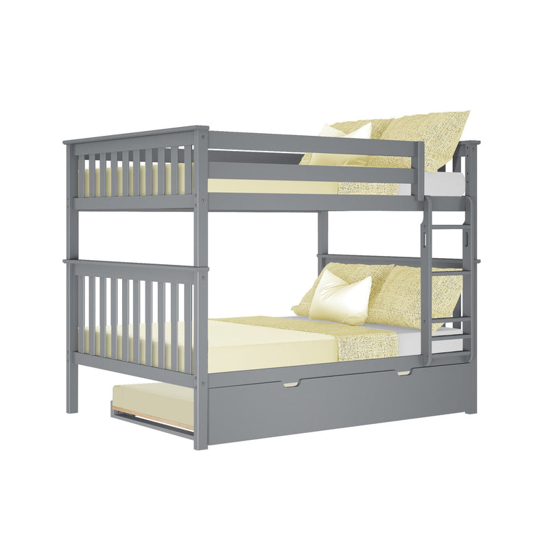 Gray wooden bunk bed with trundle drawer, ladder and guardrails, yellow bedding for kids' bedroom