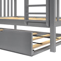 Gray wooden bunk bed frame close-up with natural wood slats, integrated ladder, guardrail and visible screw hardware — sturdy kids bunk bed detail
