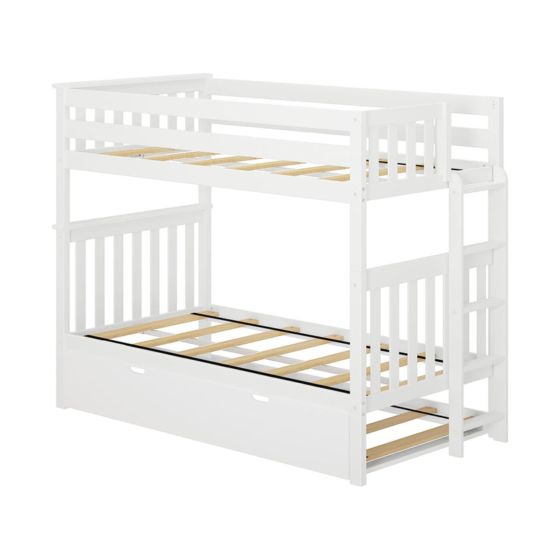White wooden bunk bed with storage drawers and ladder.
