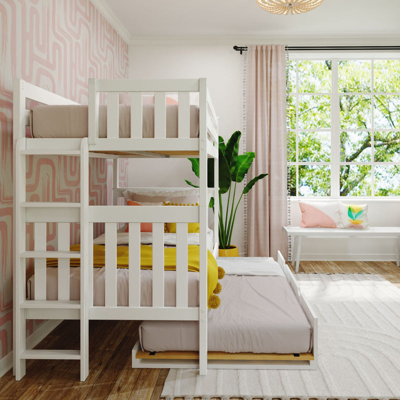 White wooden two-level bunk bed with pull-out trundle in pink modern children's bedroom with yellow accents, large window bench and indoor plant