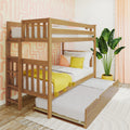 Solid wood bunk bed with pull-out trundle and white bedding in modern kids' bedroom with pink geometric wallpaper, yellow accent pillows and potted tropical plant