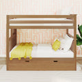 Modern solid wood bunk bed with under-bed storage drawer, white bedding, yellow throw blanket and pom-pom pillow against pink geometric wallpaper