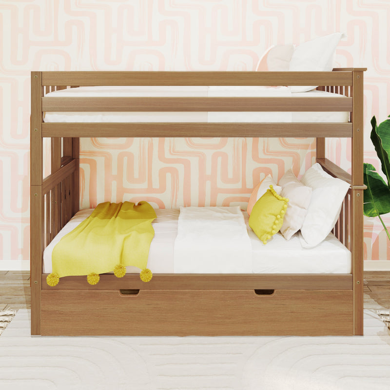 Modern solid wood bunk bed with under-bed storage drawer, white bedding, yellow throw blanket and pom-pom pillow against pink geometric wallpaper