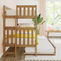 Modern natural wood bunk bed in bright children's bedroom with pink wallpaper, yellow bedding, indoor plant and sunny window