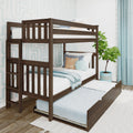 Dark wood twin bunk bed with pull-out trundle, ladder and white-blue bedding in a modern kids' bedroom with geometric wallpaper and potted plant