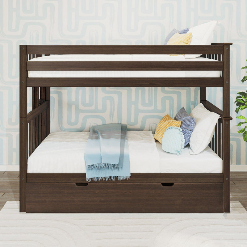 Dark wood bunk bed with colorful pillows and modern wallpaper background.