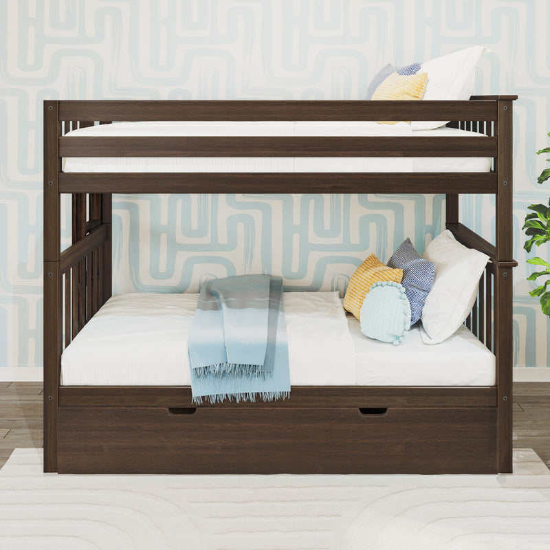 Dark walnut solid wood twin bunk bed with under-bed storage drawer, white bedding, blue throw and colorful pillows against geometric wallpaper in kids' room