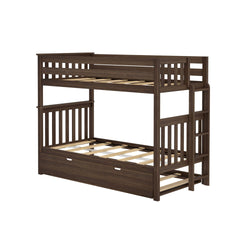 186305-008 : Bunk Beds Twin Over Twin Bunk Bed With Ladder on End & Trundle, Walnut