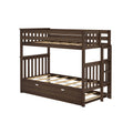 Dark brown solid wood twin-over-full bunk bed frame with ladder, slatted guardrails and under-bed storage drawer