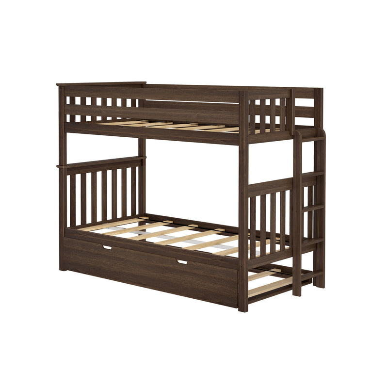 Dark brown solid wood twin-over-full bunk bed frame with ladder, slatted guardrails and under-bed storage drawer
