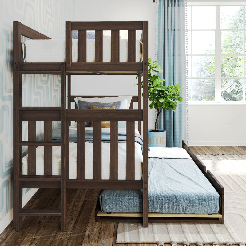 Solid dark wood bunk bed with pull-out trundle in bright modern kids' bedroom with blue curtains and potted plant
