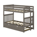 Gray wood twin-over-full bunk bed with ladder and pull-out underbed storage drawer, slatted rails and sturdy frame for kids' bedroom